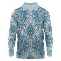 Indian Mandala Pattern Long Sleeve Polo Shirt Blue Geometric Floral Mandala