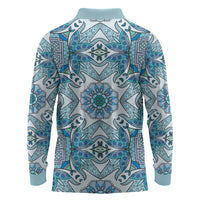 Indian Mandala Pattern Long Sleeve Polo Shirt Blue Geometric Floral Mandala