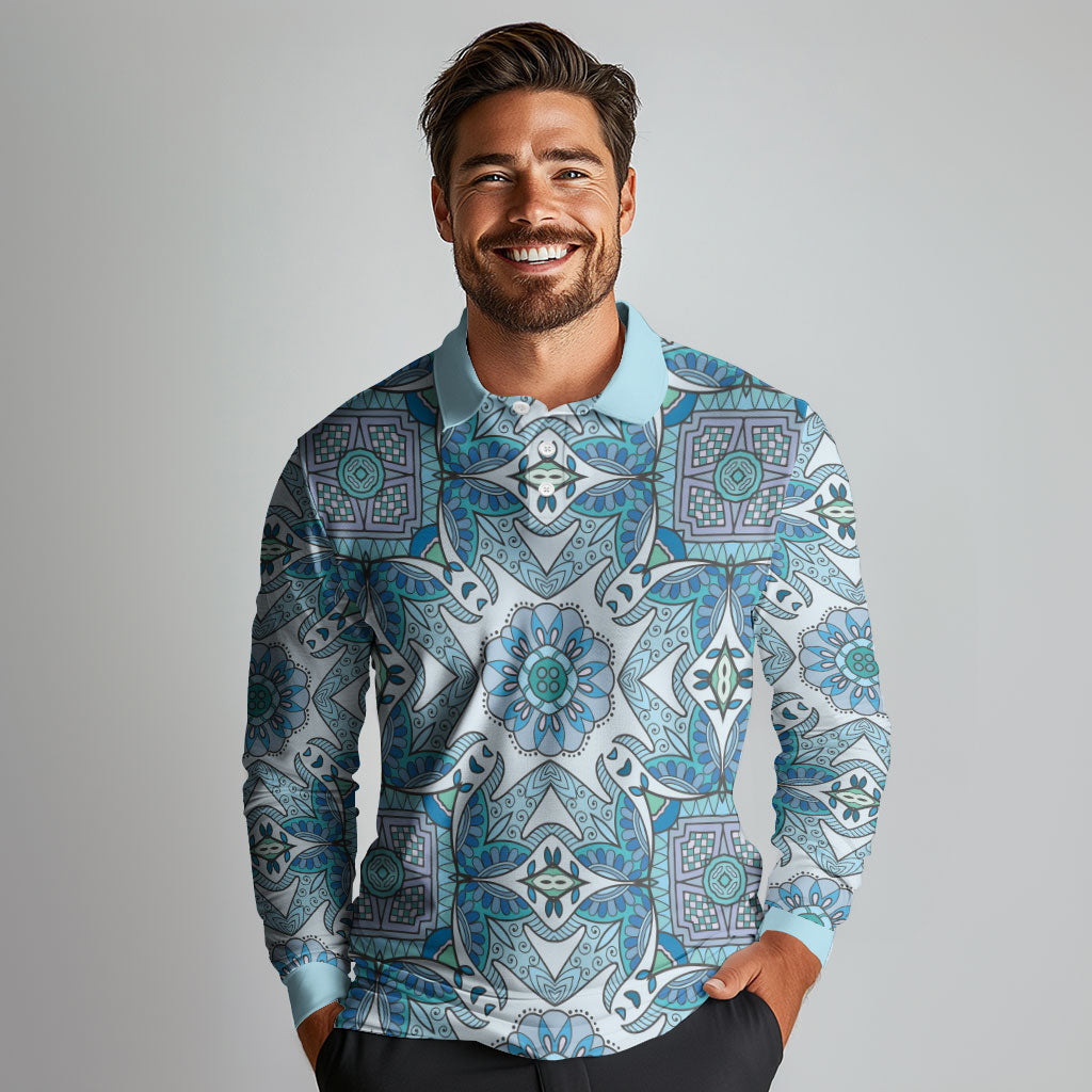 Indian Mandala Pattern Long Sleeve Polo Shirt Blue Geometric Floral Mandala