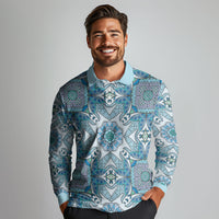 Indian Mandala Pattern Long Sleeve Polo Shirt Blue Geometric Floral Mandala