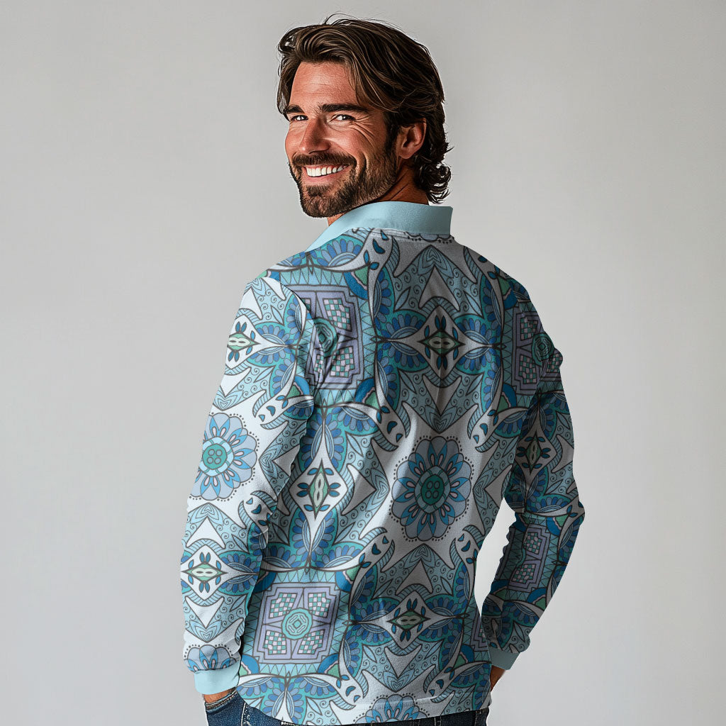 Indian Mandala Pattern Long Sleeve Polo Shirt Blue Geometric Floral Mandala