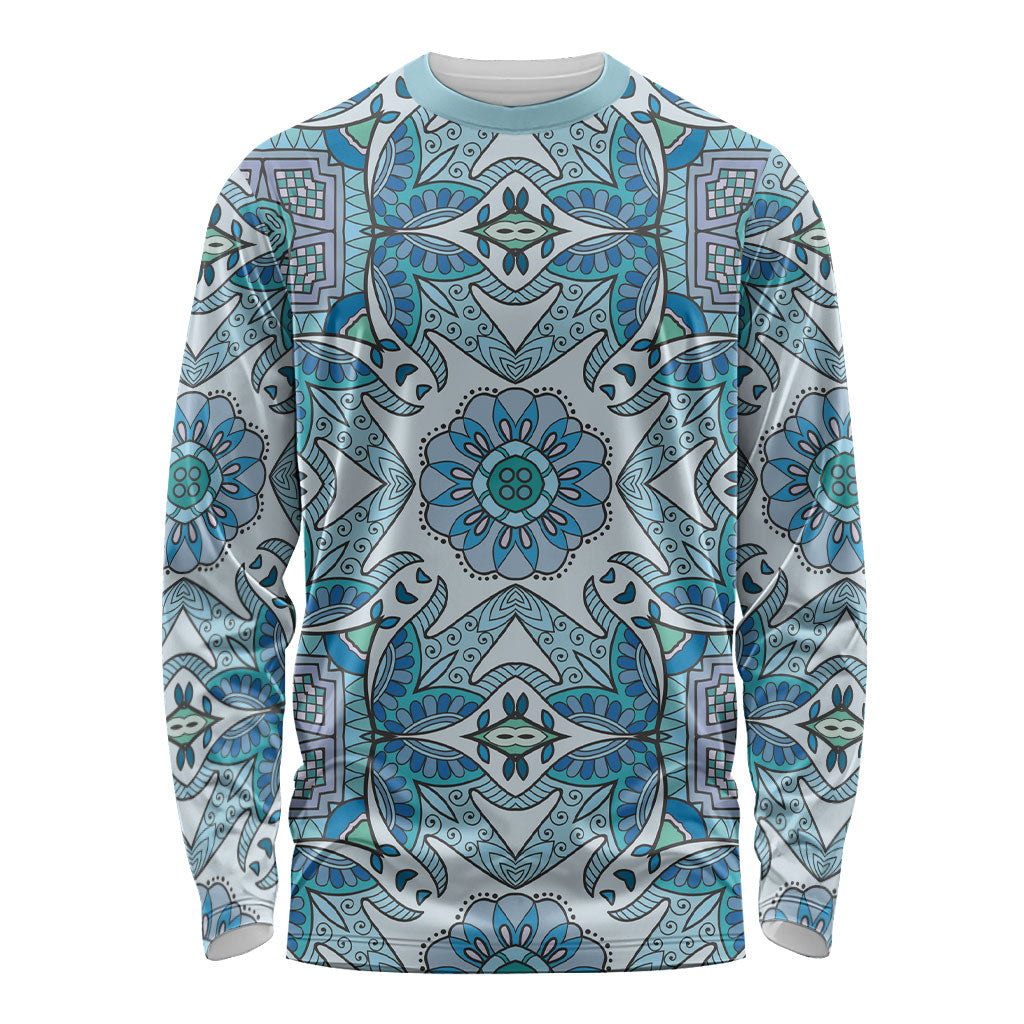 Indian Mandala Pattern Long Sleeve Shirt Blue Geometric Floral Mandala