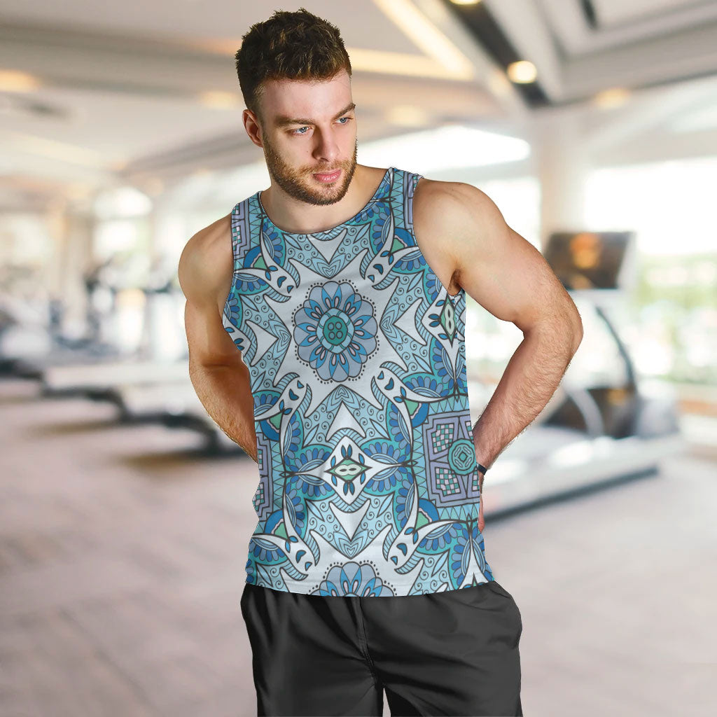 Indian Mandala Pattern Men Tank Top Blue Geometric Floral Mandala