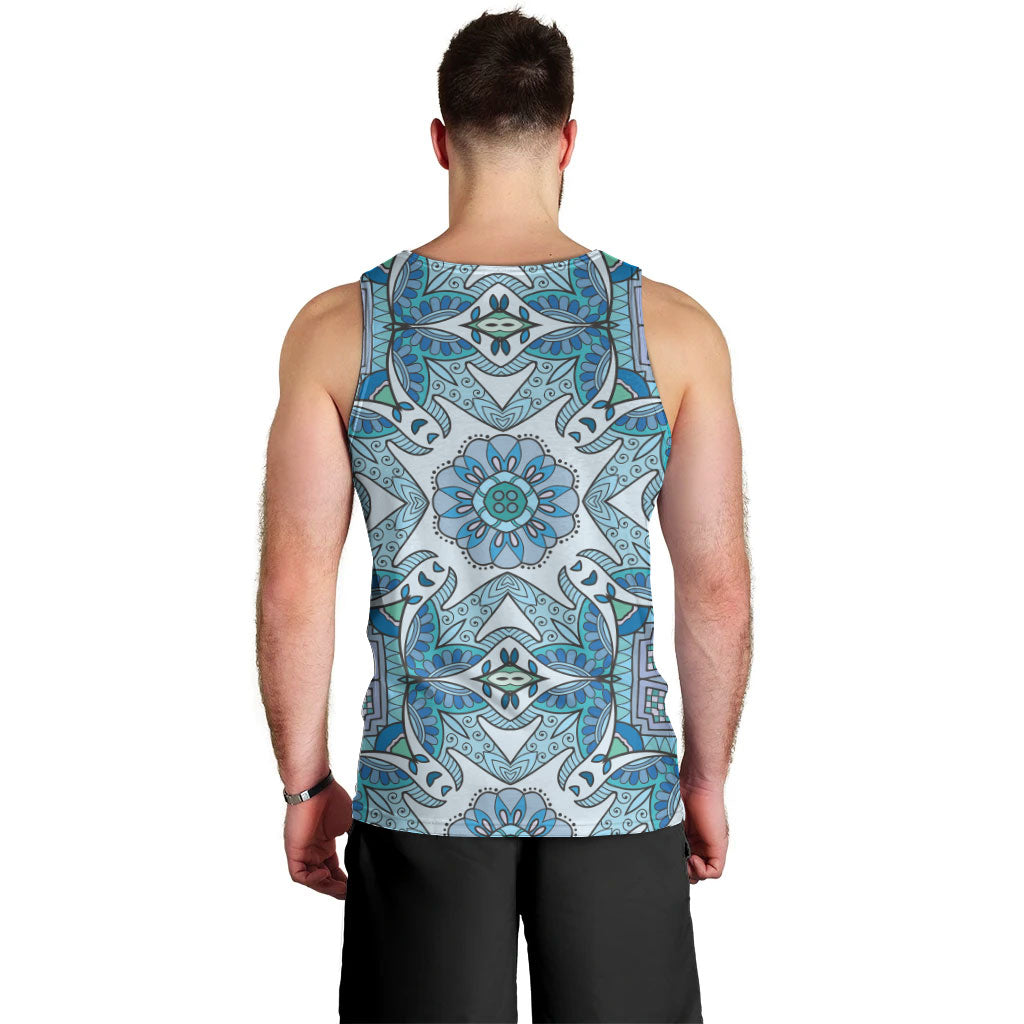 Indian Mandala Pattern Men Tank Top Blue Geometric Floral Mandala