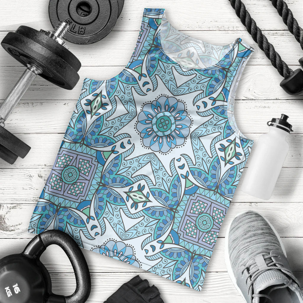 Indian Mandala Pattern Men Tank Top Blue Geometric Floral Mandala