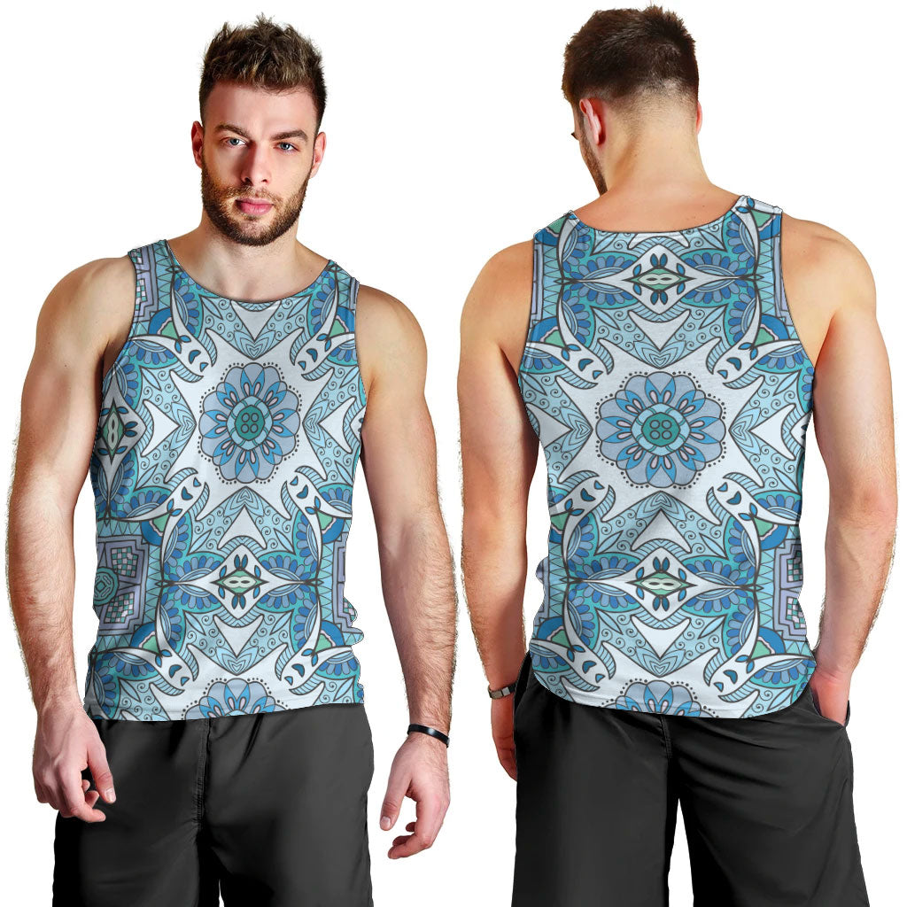 Indian Mandala Pattern Men Tank Top Blue Geometric Floral Mandala