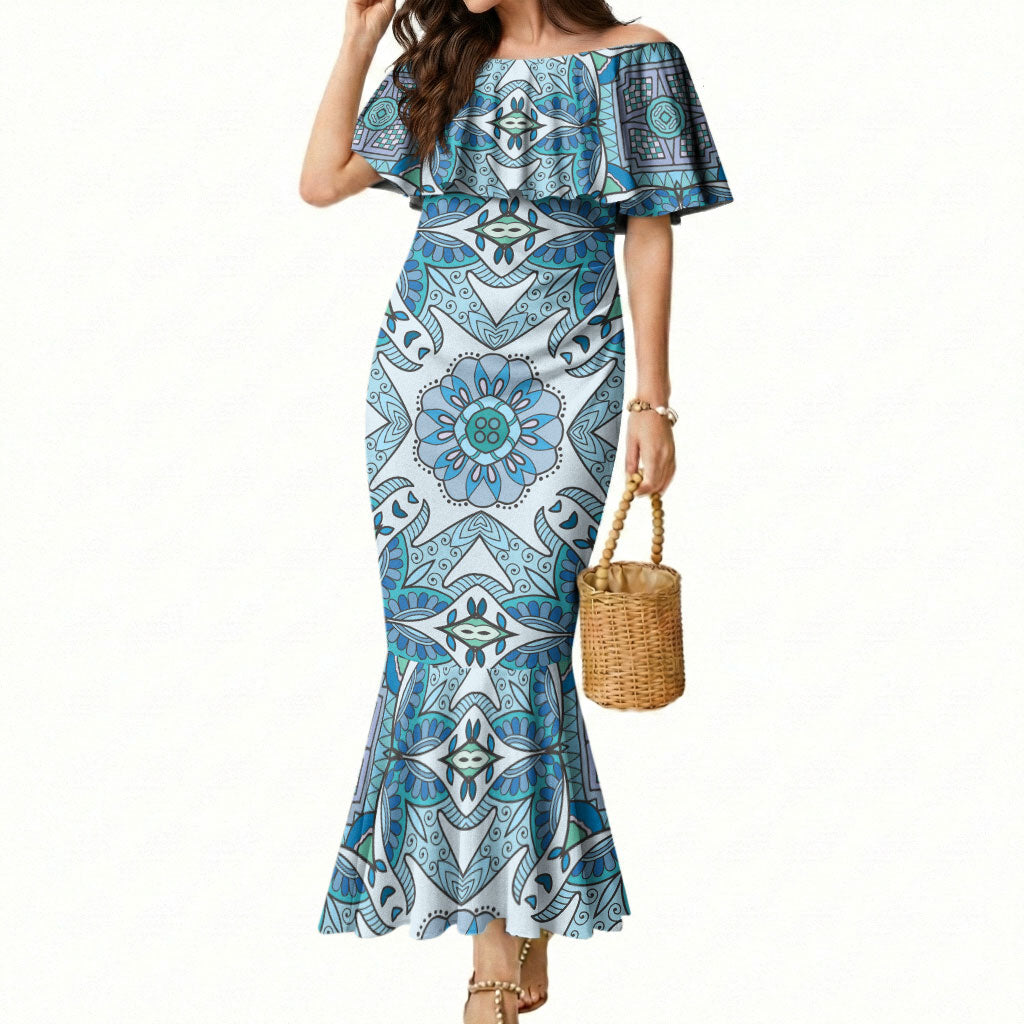 Indian Mandala Pattern Mermaid Dress Blue Geometric Floral Mandala