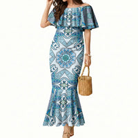Indian Mandala Pattern Mermaid Dress Blue Geometric Floral Mandala