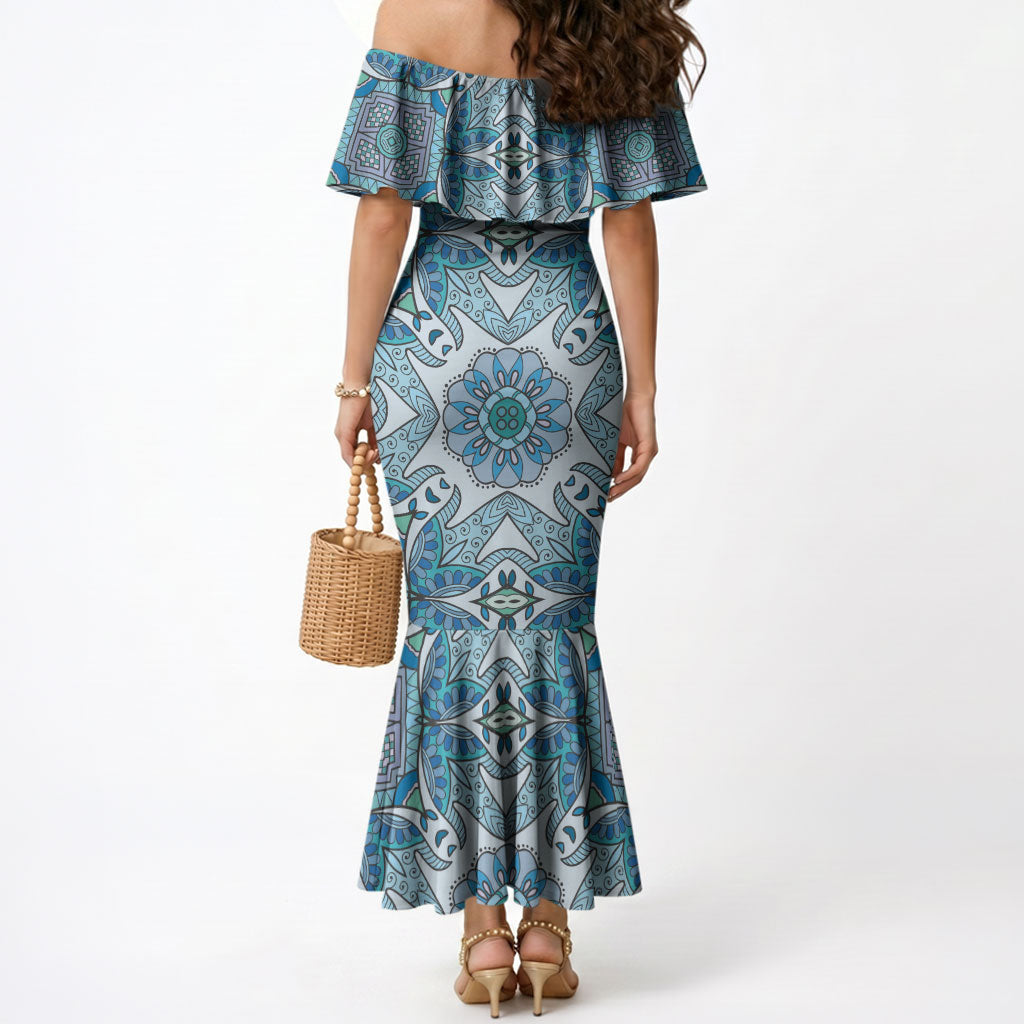 Indian Mandala Pattern Mermaid Dress Blue Geometric Floral Mandala