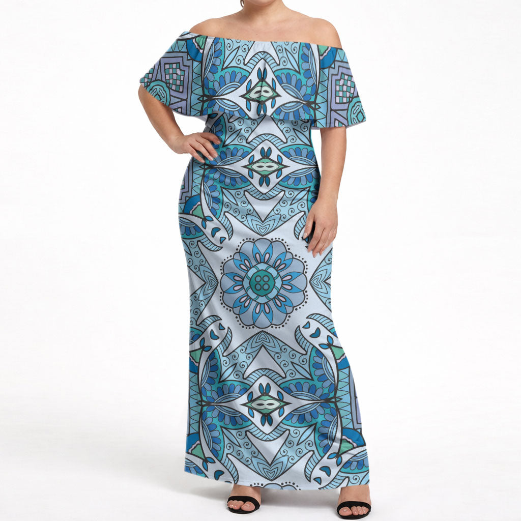 Indian Mandala Pattern Off Shoulder Maxi Dress Blue Geometric Floral Mandala