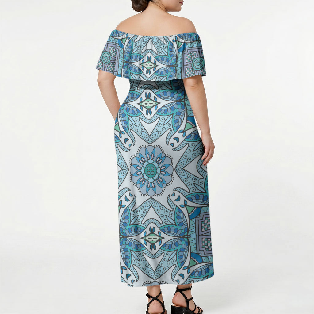 Indian Mandala Pattern Off Shoulder Maxi Dress Blue Geometric Floral Mandala