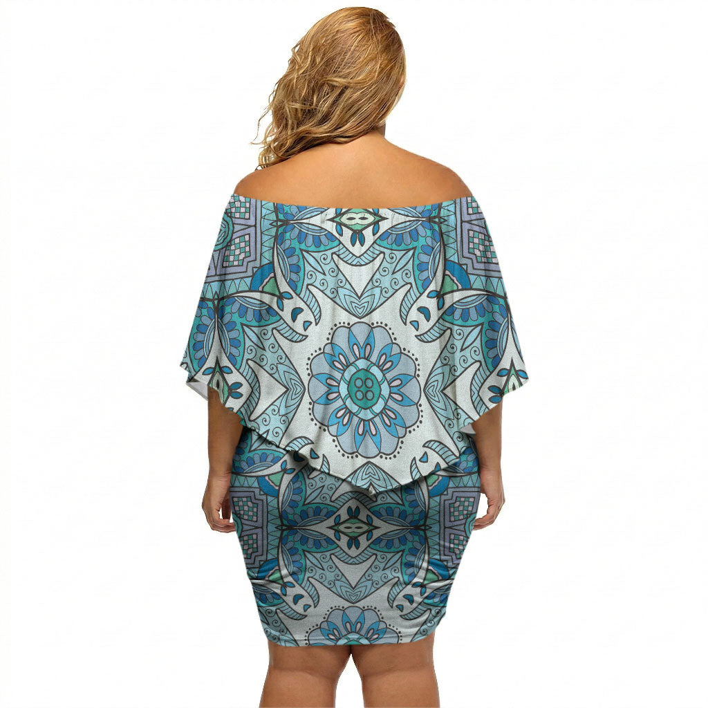 Indian Mandala Pattern Off Shoulder Short Dress Blue Geometric Floral Mandala