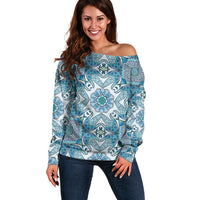 Indian Mandala Pattern Off Shoulder Sweater Blue Geometric Floral Mandala