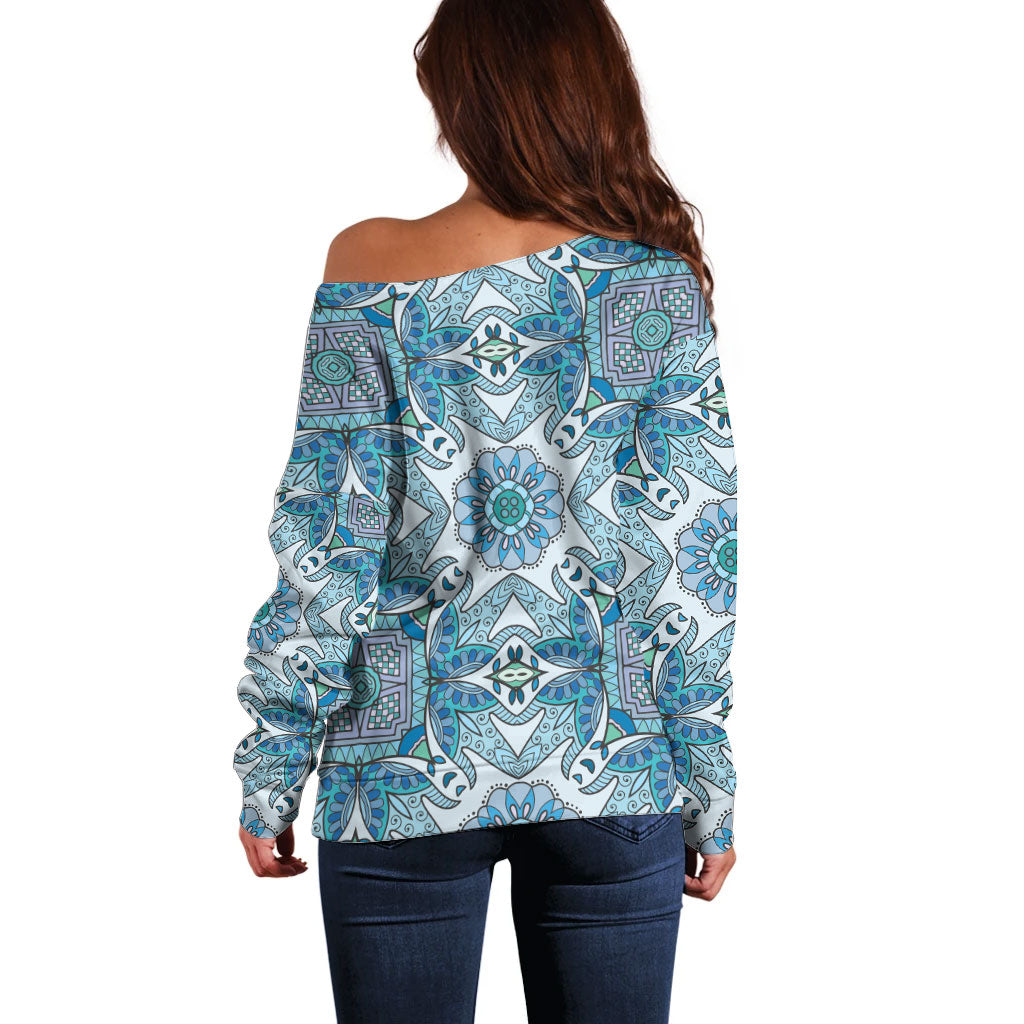 Indian Mandala Pattern Off Shoulder Sweater Blue Geometric Floral Mandala