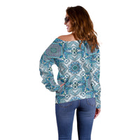 Indian Mandala Pattern Off Shoulder Sweater Blue Geometric Floral Mandala
