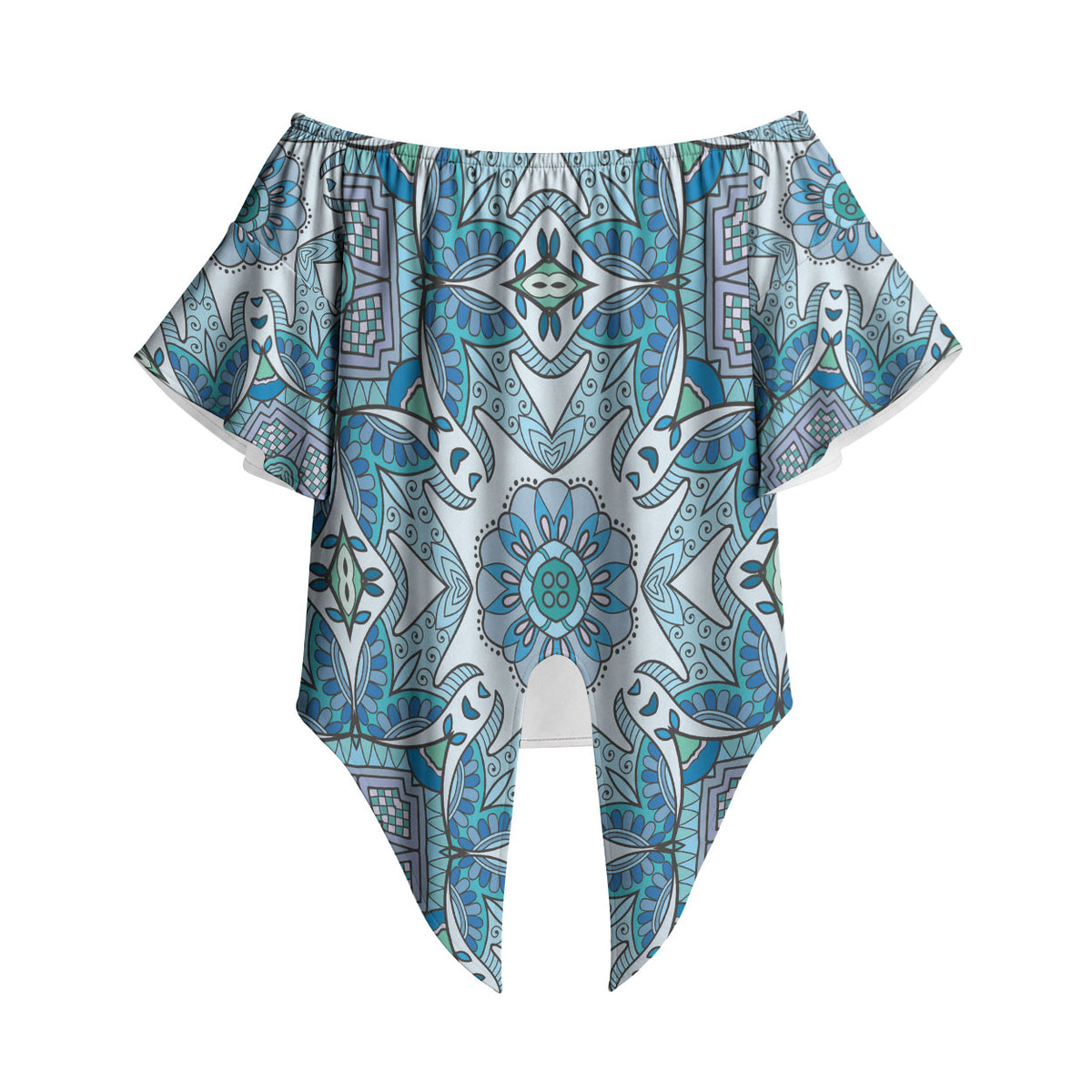 Indian Mandala Pattern Off Shoulder Wrap Waist Top Blue Geometric Floral Mandala