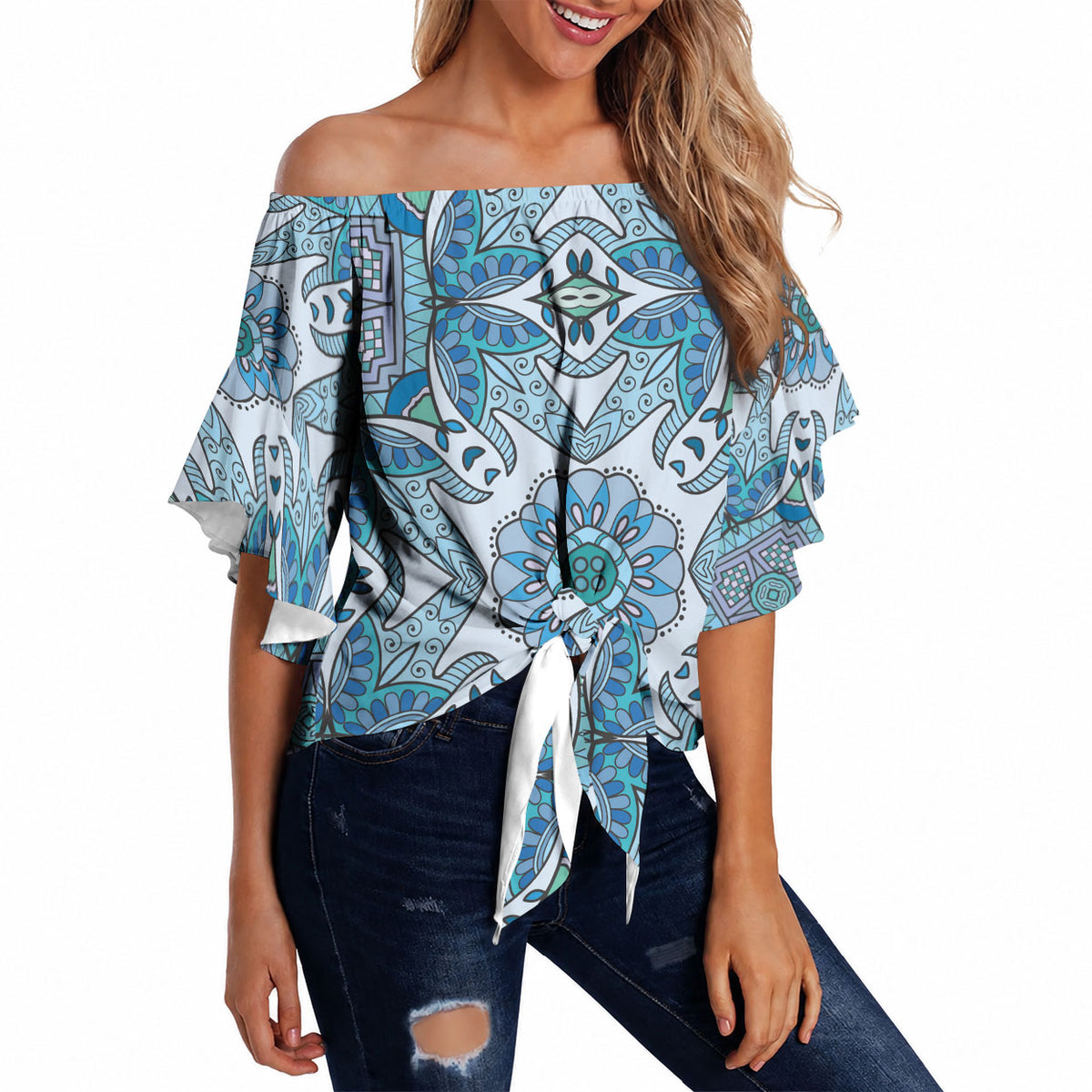 Indian Mandala Pattern Off Shoulder Wrap Waist Top Blue Geometric Floral Mandala
