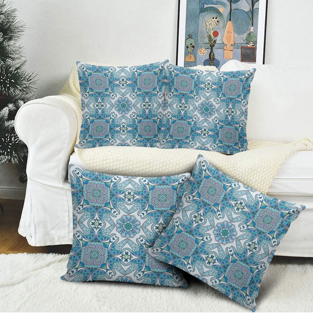 Indian Mandala Pattern Pillow Cover Blue Geometric Floral Mandala