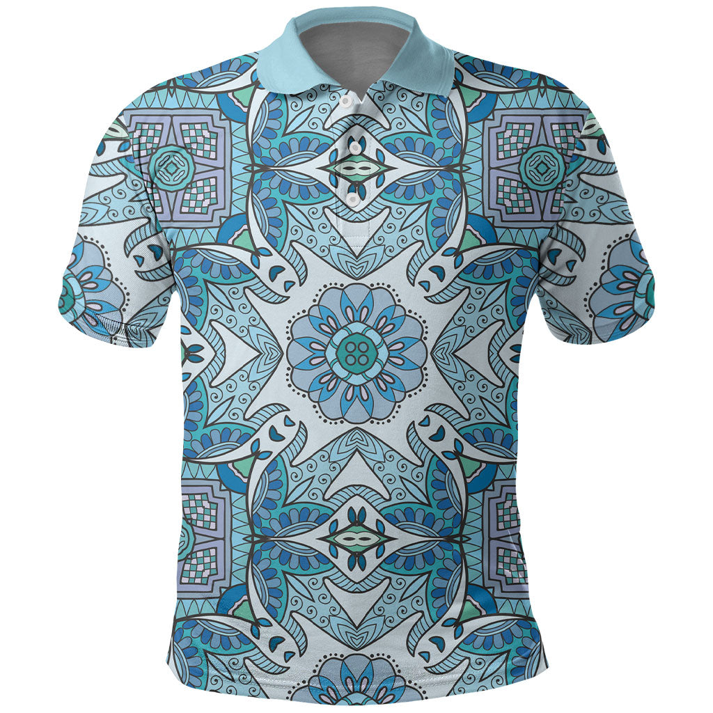 Indian Mandala Pattern Polo Shirt Blue Geometric Floral Mandala