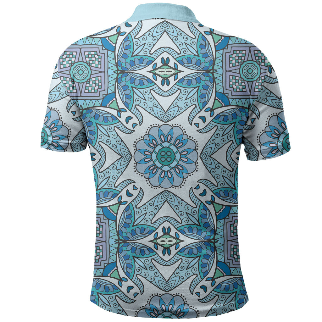 Indian Mandala Pattern Polo Shirt Blue Geometric Floral Mandala