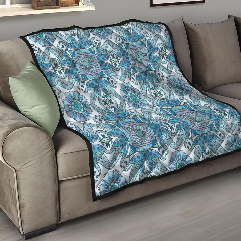 Indian Mandala Pattern Quilt Blue Geometric Floral Mandala