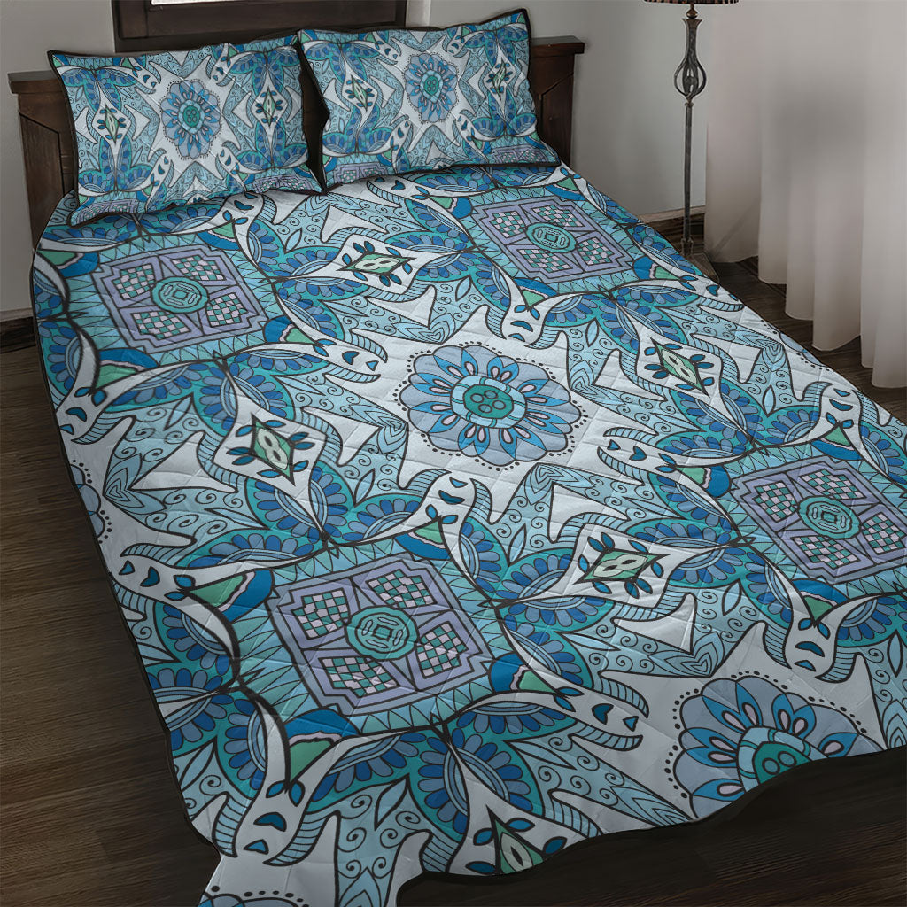 Indian Mandala Pattern Quilt Bed Set Blue Geometric Floral Mandala