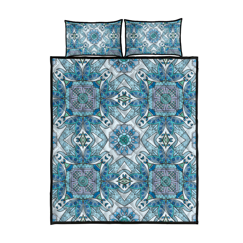 Indian Mandala Pattern Quilt Bed Set Blue Geometric Floral Mandala