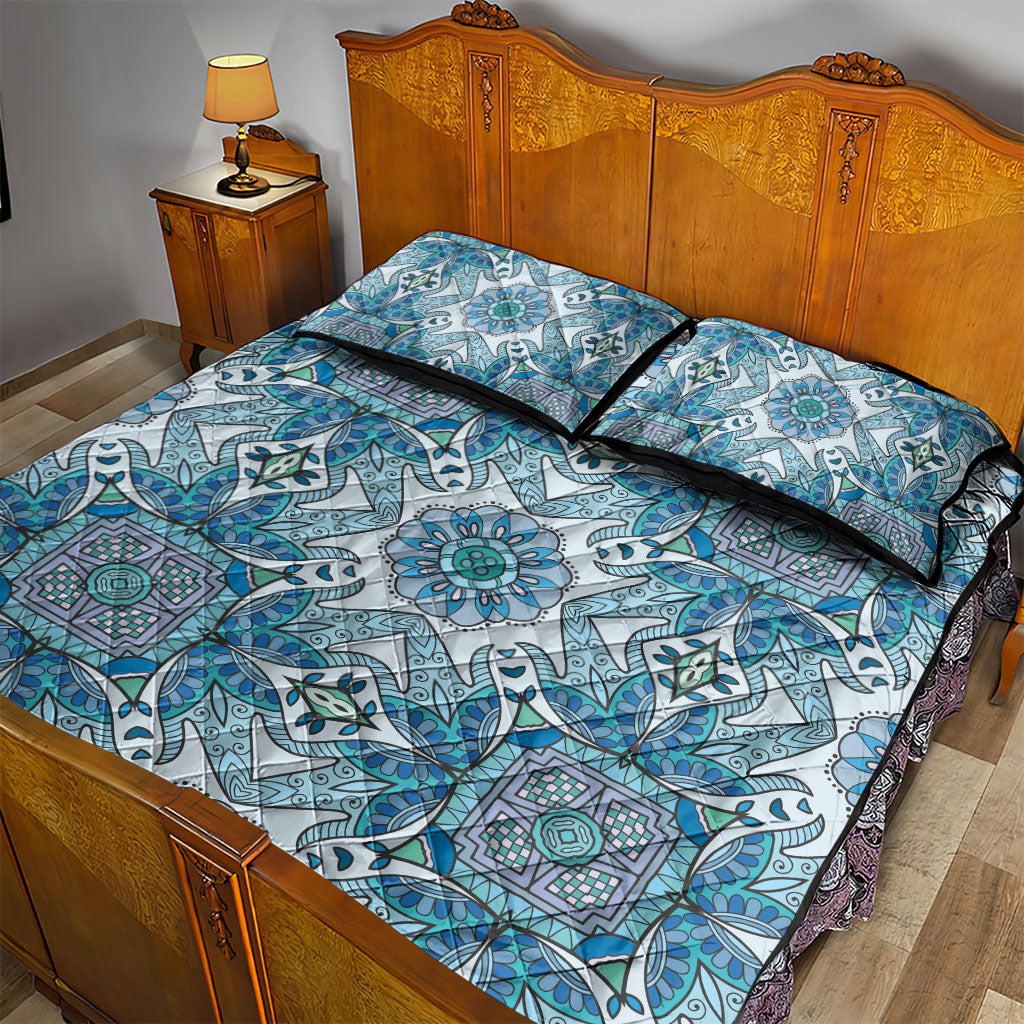 Indian Mandala Pattern Quilt Bed Set Blue Geometric Floral Mandala