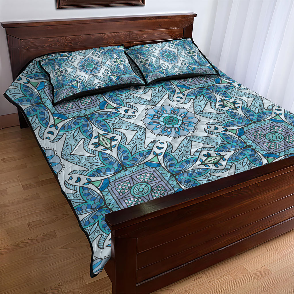 Indian Mandala Pattern Quilt Bed Set Blue Geometric Floral Mandala