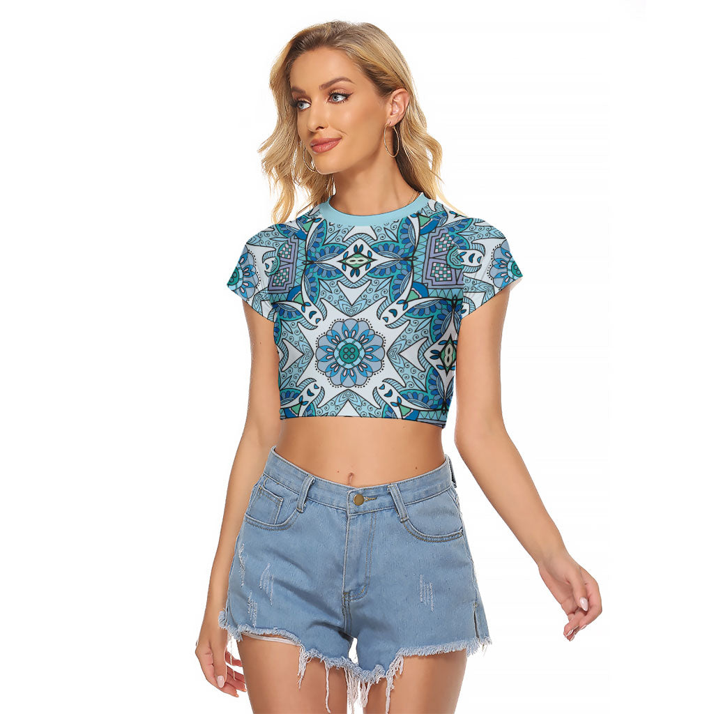 Indian Mandala Pattern Raglan Cropped T Shirt Blue Geometric Floral Mandala