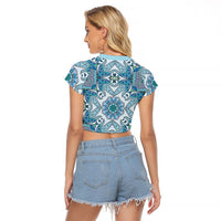 Indian Mandala Pattern Raglan Cropped T Shirt Blue Geometric Floral Mandala