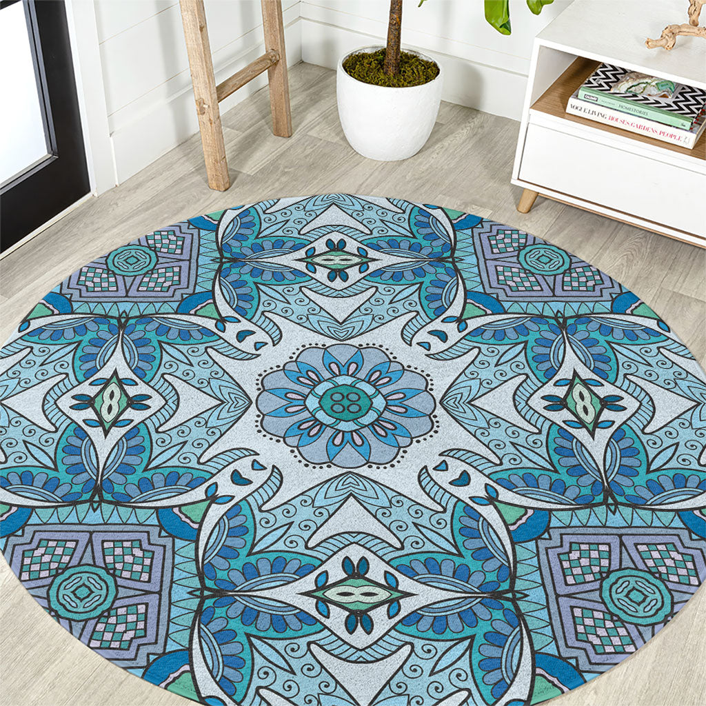 Indian Mandala Pattern Round Carpet Blue Geometric Floral Mandala