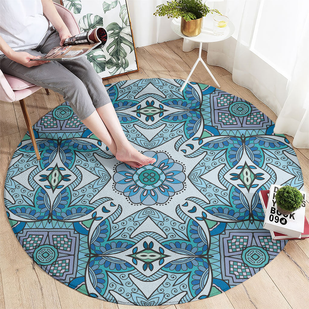 Indian Mandala Pattern Round Carpet Blue Geometric Floral Mandala