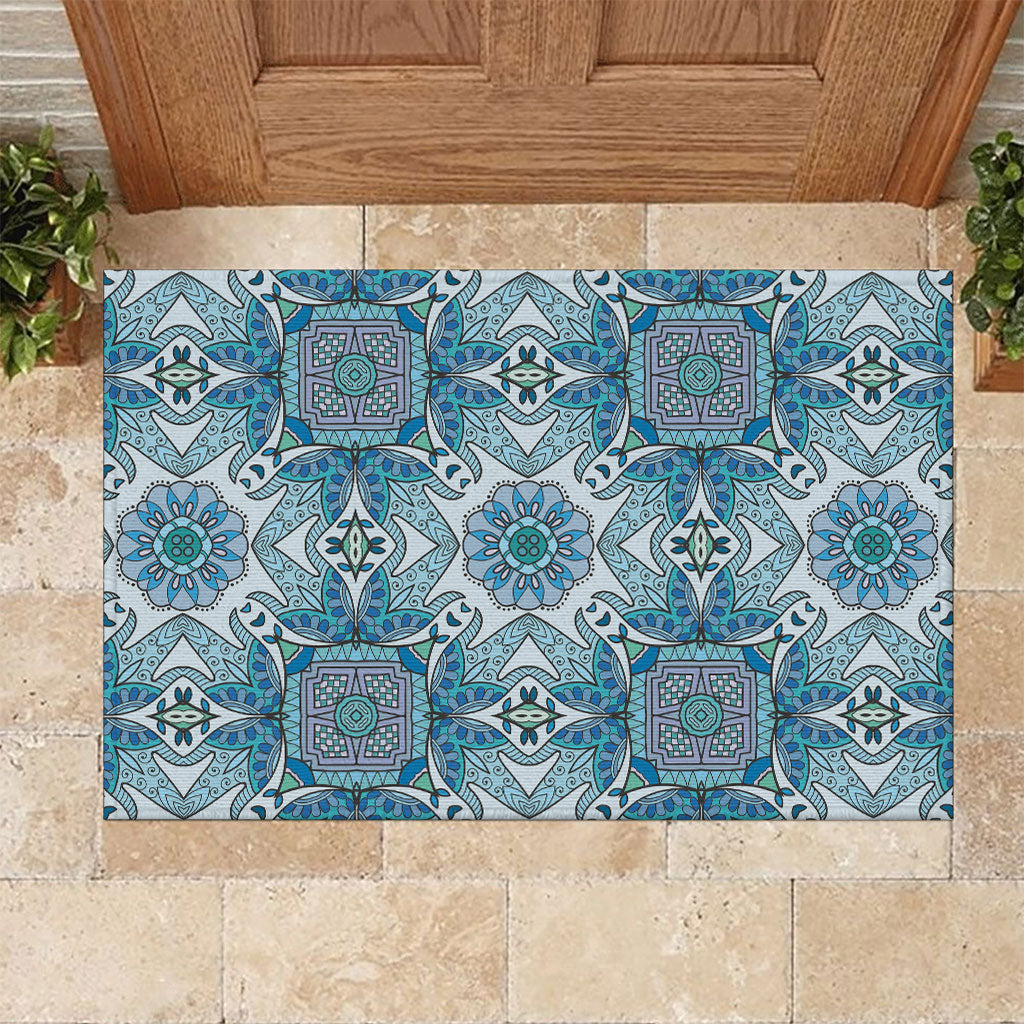 Indian Mandala Pattern Rubber Doormat Blue Geometric Floral Mandala