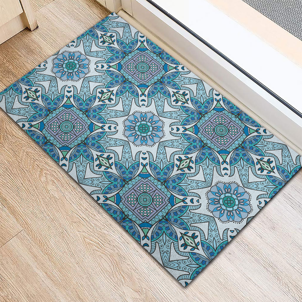 Indian Mandala Pattern Rubber Doormat Blue Geometric Floral Mandala