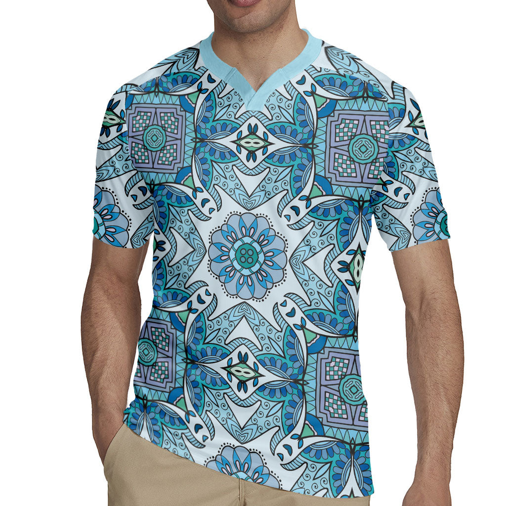 Indian Mandala Pattern Rugby Jersey Blue Geometric Floral Mandala