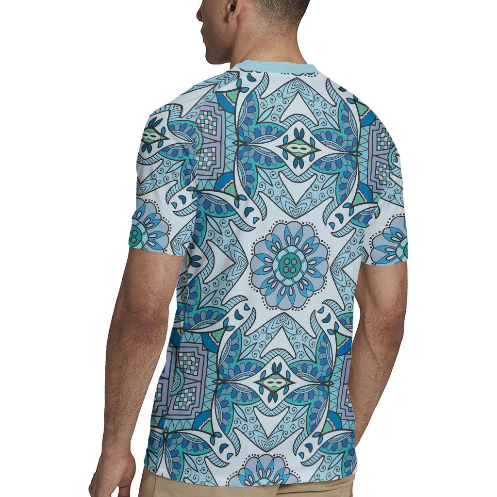 Indian Mandala Pattern Rugby Jersey Blue Geometric Floral Mandala