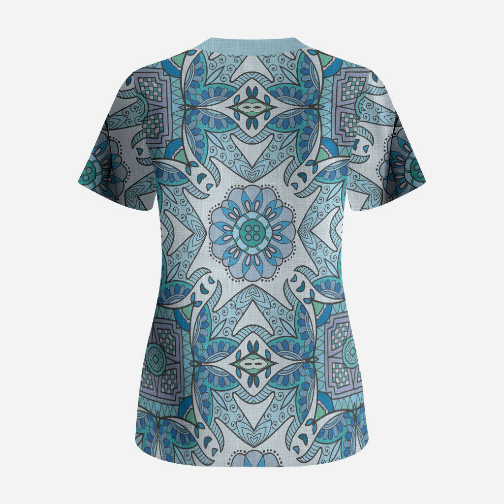 Indian Mandala Pattern Scrub Top Blue Geometric Floral Mandala