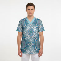 Indian Mandala Pattern Scrub Top Blue Geometric Floral Mandala
