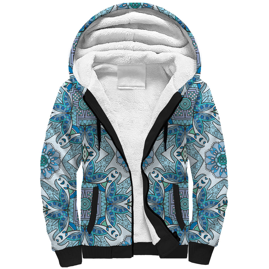 Indian Mandala Pattern Sherpa Hoodie Blue Geometric Floral Mandala