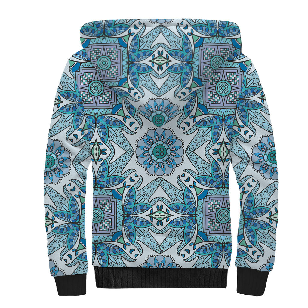 Indian Mandala Pattern Sherpa Hoodie Blue Geometric Floral Mandala