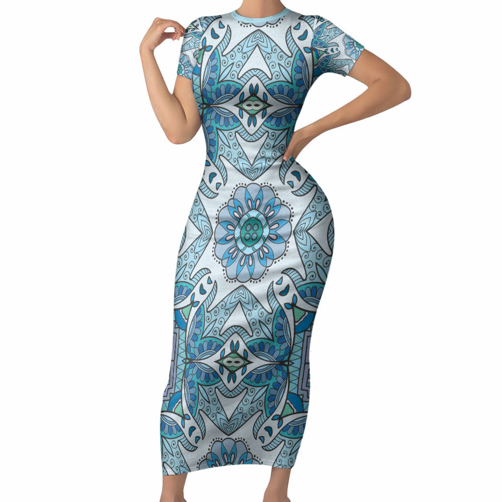 Indian Mandala Pattern Short Sleeve Bodycon Dress Blue Geometric Floral Mandala