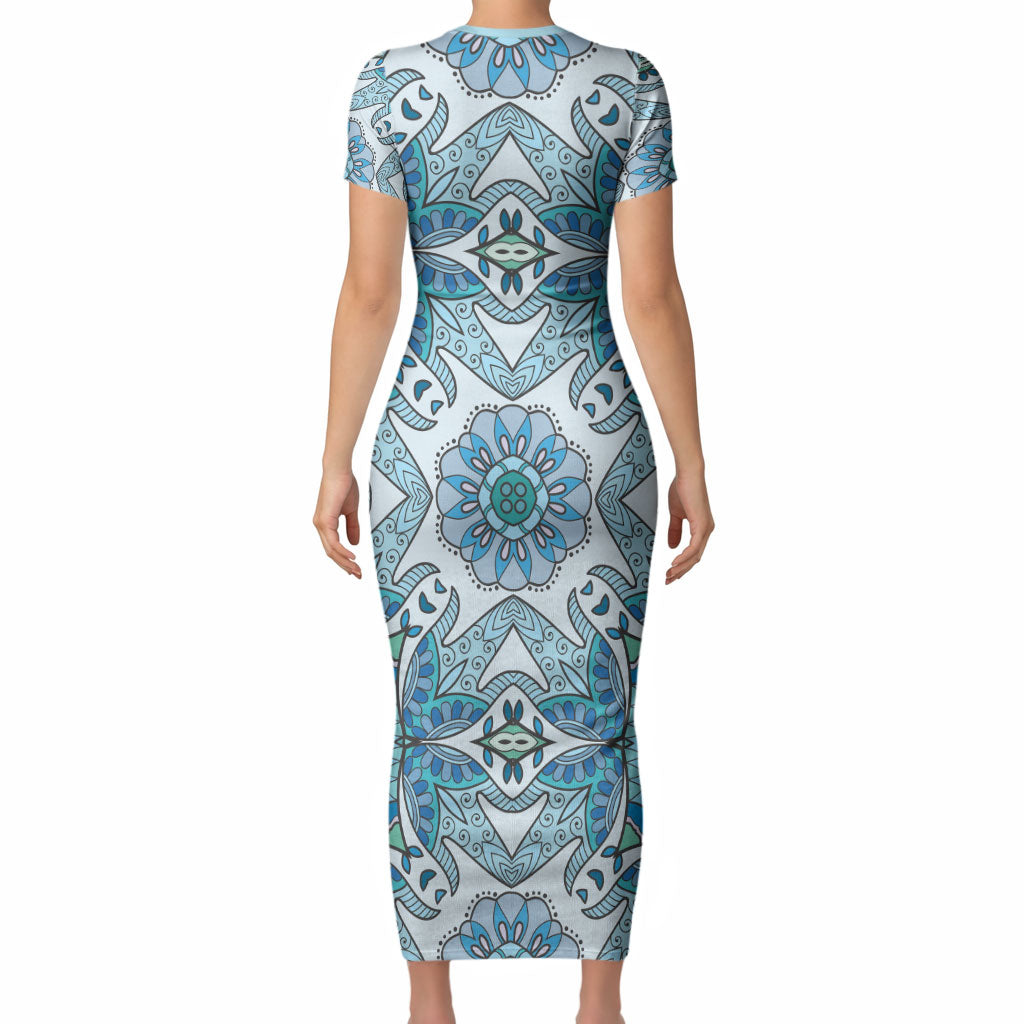 Indian Mandala Pattern Short Sleeve Bodycon Dress Blue Geometric Floral Mandala