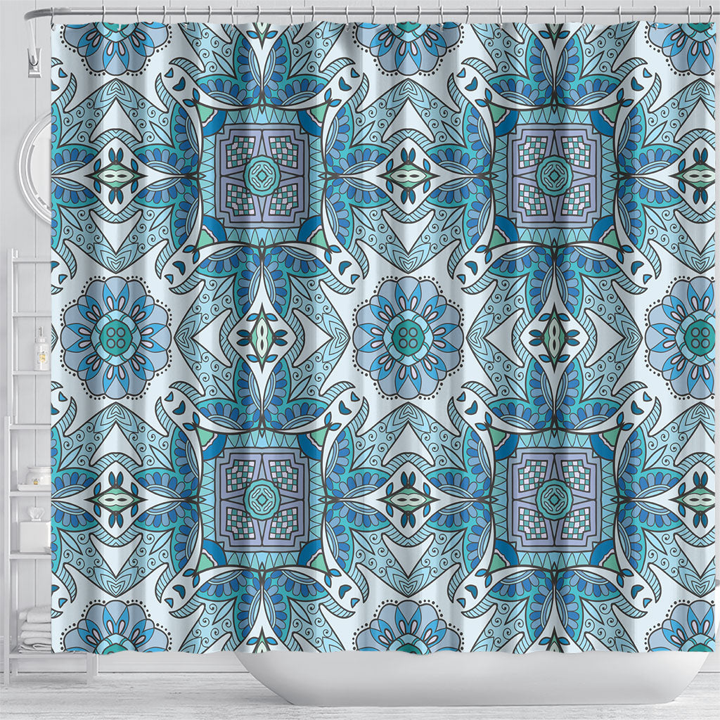 Indian Mandala Pattern Shower Curtain Blue Geometric Floral Mandala