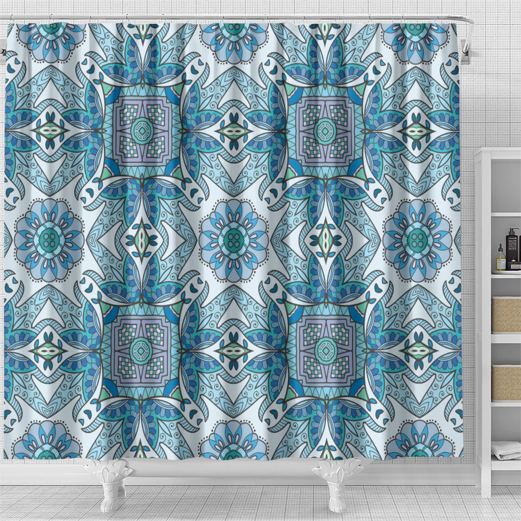 Indian Mandala Pattern Shower Curtain Blue Geometric Floral Mandala