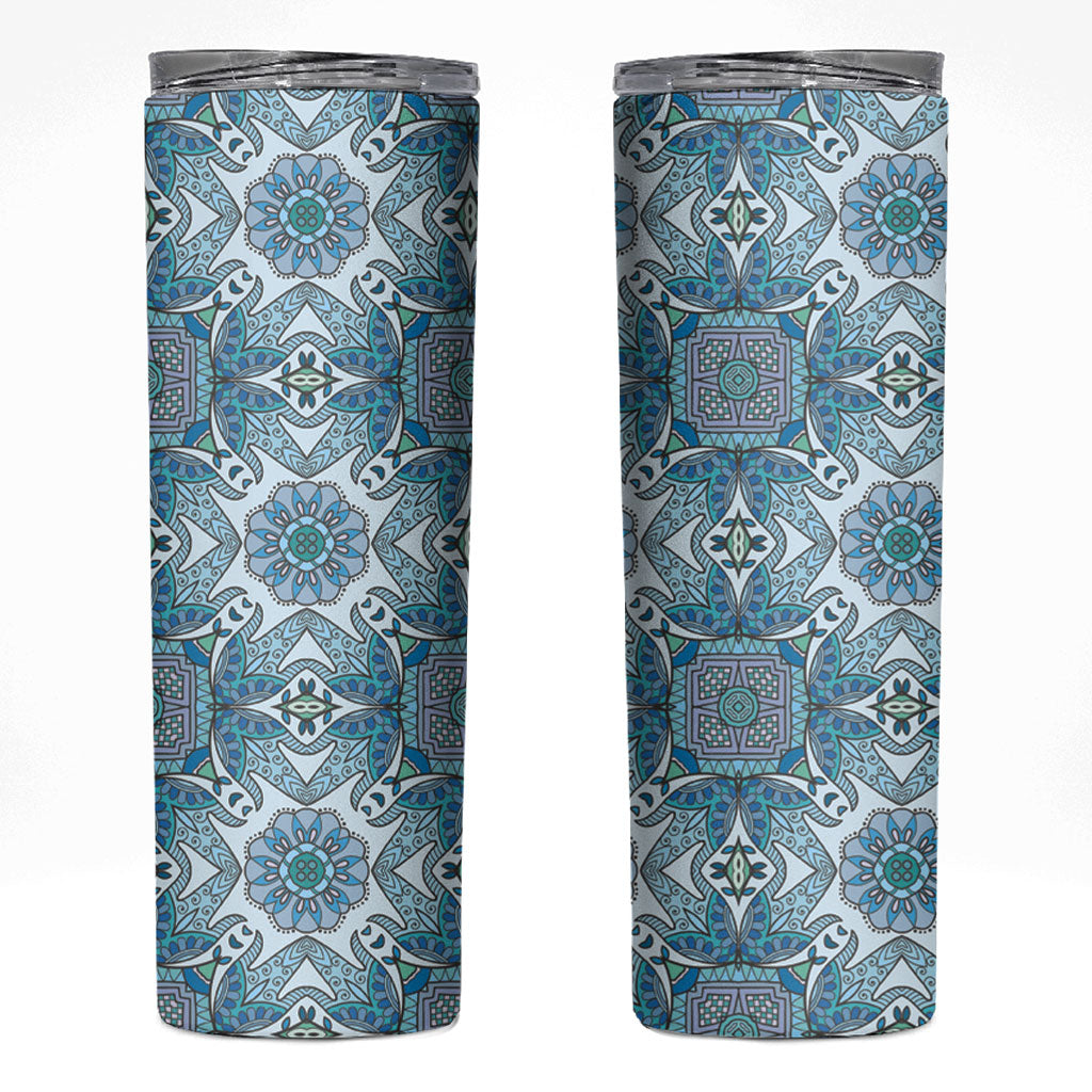 Indian Mandala Pattern Skinny Tumbler Blue Geometric Floral Mandala