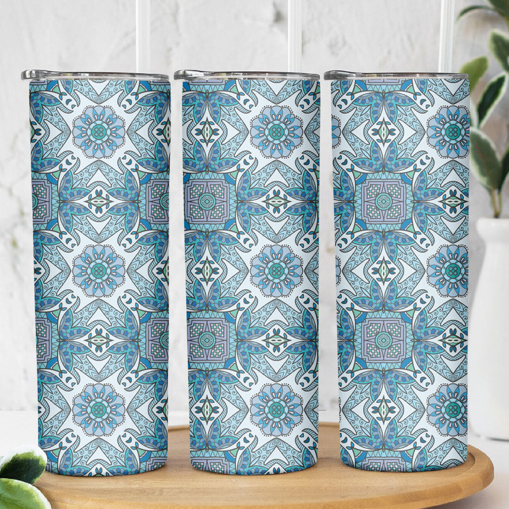 Indian Mandala Pattern Skinny Tumbler Blue Geometric Floral Mandala