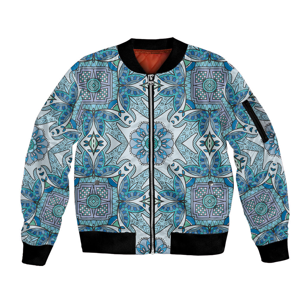 Indian Mandala Pattern Sleeve Zip Bomber Jacket Blue Geometric Floral Mandala