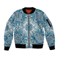 Indian Mandala Pattern Sleeve Zip Bomber Jacket Blue Geometric Floral Mandala