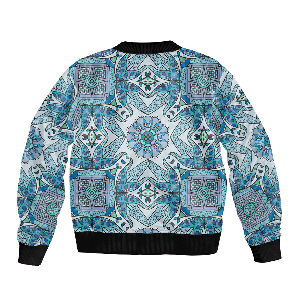 Indian Mandala Pattern Sleeve Zip Bomber Jacket Blue Geometric Floral Mandala